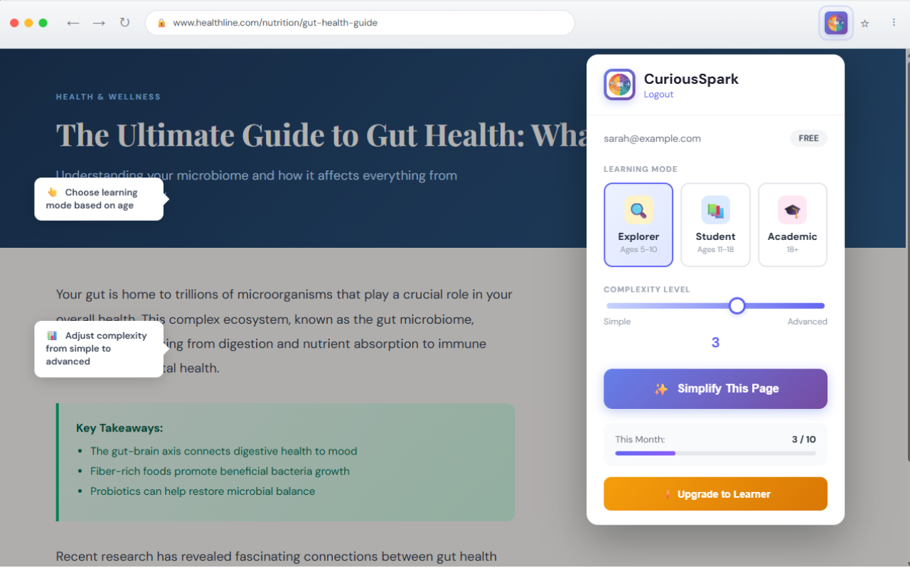 CuriousSpark extension popup showing mode selection and complexity slider