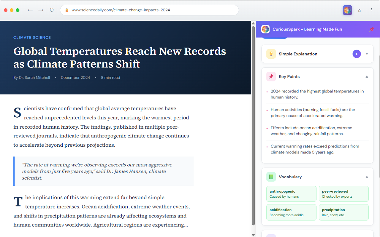Student Mode showing study notes with key points and vocabulary