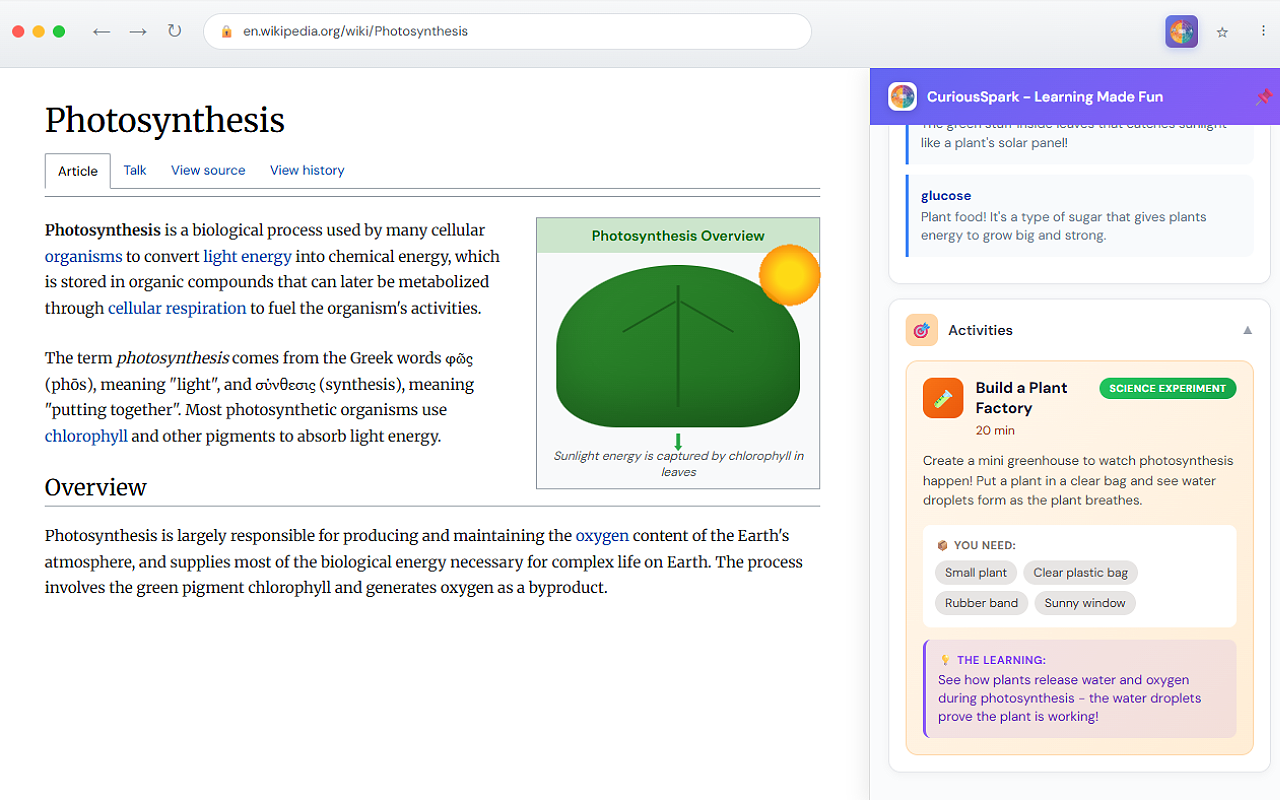 Explorer Mode showing hands-on activities generated from a Wikipedia article